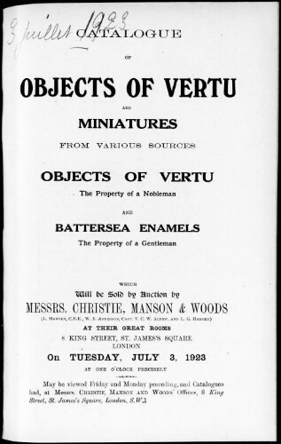 Catalogue of objects of vertu and miniatures from various sources, objects of vertu, the property of a nobleman [...] : [vente du 3 juillet 1923]