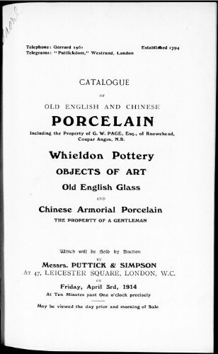 Catalogue of old English and Chinese porcelain [...] : [vente du 3 avril 1914]