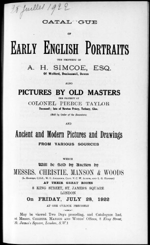 Catalogue of early English portraits, the property of A. H. Simcoe, Esq. [...] : [vente du 28 juillet 1922]