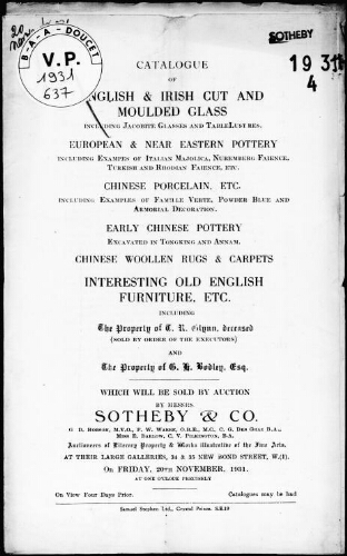 Catalogue of English and Irish cut and moulded glass [...] the property of T. R. Glynn [...] : [vente du 20 novembre 1931]