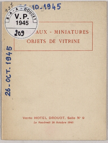 Tableaux, miniatures, objets de vitrine : [vente du 26 octobre 1945]