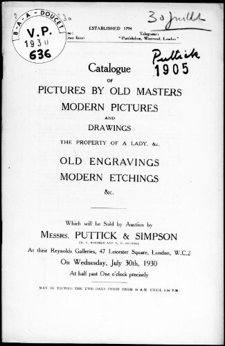 Catalogue of pictures by old masters, modern pictures and drawings, [...] : [vente du 30 juillet 1930]