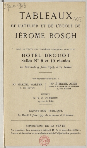 Tableaux de l'atelier et de l'école de Jérôme Bosch : [vente du 9 juin 1943]
