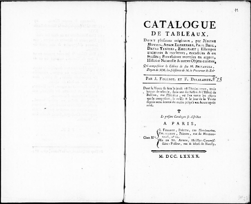 Catalogue de tableaux dont plusieurs originaux [...] : [vente du 18 février 1790]