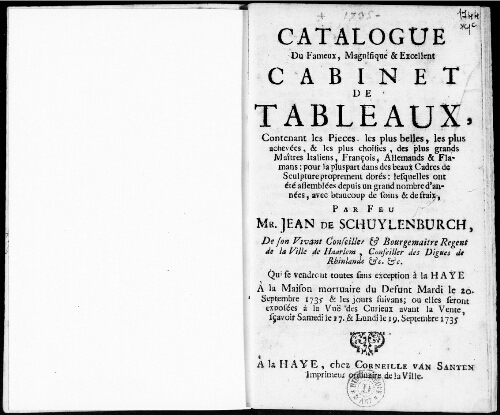 Catalogue du fameux, magnifique et excellent cabinet de tableaux [...] Mr. Jean de Schuylenburch [...] : [vente du 20 septembre 1735]