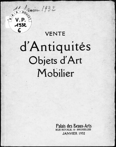 Vente d'antiquités, objets d'art, mobilier : [vente du 11 janvier 1932]