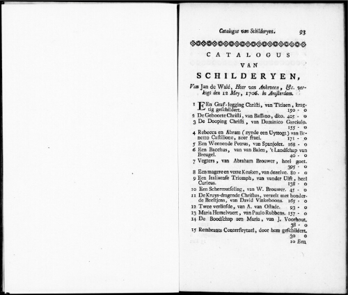 Catalogus van Schilderyen van Jan de Walé [...] : [vente du 12 mai 1706]