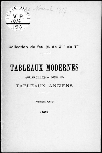 Catalogue des tableaux modernes, aquarelles et dessins […] : [vente des 29 et 30 novembre 1917]