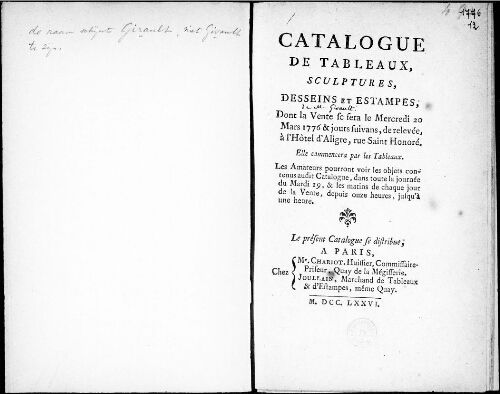 Catalogue de tableaux, sculptures, dessins et estampes [...] : [vente du 20 mars 1776]