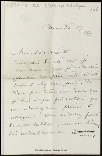 Lettre du Cercle de l'Union Artistique à Jean-Louis-Ernest Meissonier, [s.d.]
