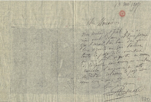 Lettre d'Albert Besnard, 15 mai 1907