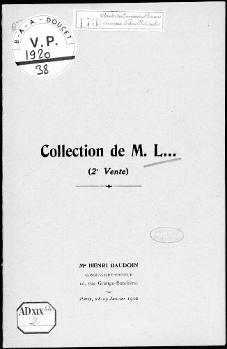 Catalogue de la collection de M. L. (2e vente). Tableaux, dessins, gravures [...] : [vente des 28 et 29 janvier 1920]