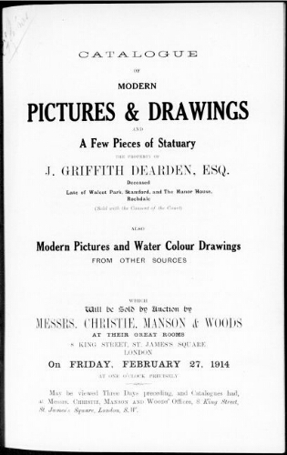 Catalogue of modern pictures and drawings [...], the property of J. Griffith Dearden, Esquire [...] : [vente du 27 février 1914] 
