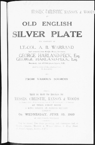 Catalogue of old English silver plate the property of lieutenant-colonel A. B. Warrand [...] : [vente du 23 juin 1920]