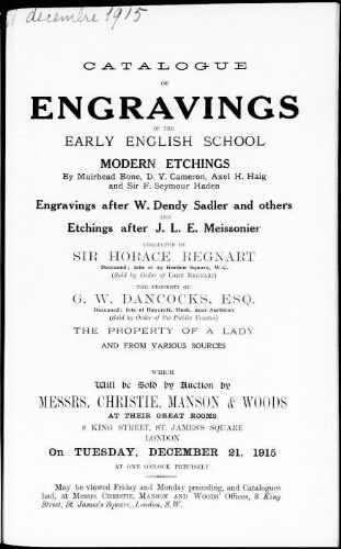 Catalogue of engravings of the early English school [...] : [vente du 21 décembre 1915]
