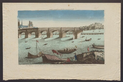Vue d'optique nouvelle représentant les ruines du Pont de pierre à Rouen, avec le superbe Pont de Bateaux dans l'éloignement.