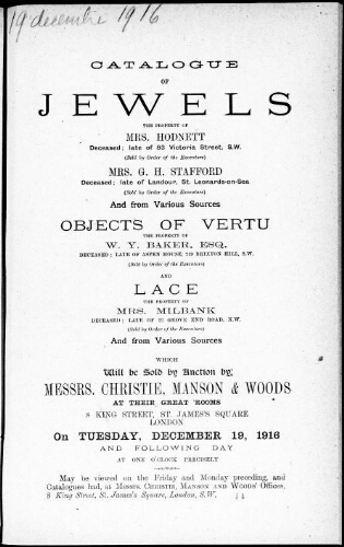 Catalogue of jewels […] : [vente du 19 décembre 1916]