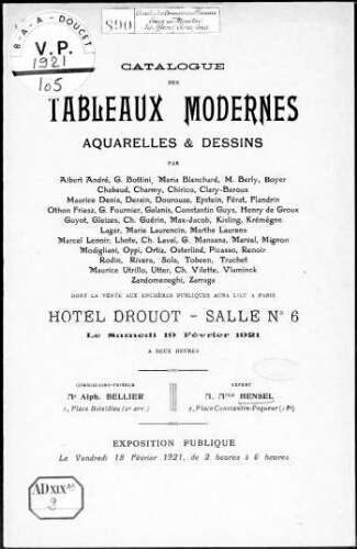 Catalogue des tableaux modernes, aquarelles et dessins [...] : [vente du 18 février 1921]