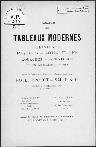 Catalogue des tableaux modernes, peintures, pastels, aquarelles, gouaches, miniatures [...] : [vente du 6 décembre 1927]