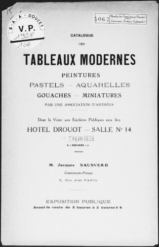 Catalogue des tableaux modernes, peintures, pastels, aquarelles, gouaches, miniatures, par une association d'artistes [...] : [vente du 15 février 1928]