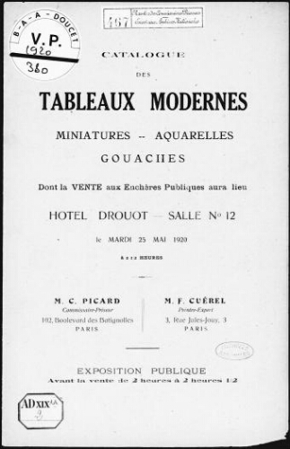 Catalogue des tableaux moderrnes, miniatures, aquarelles, gouaches : [vente du 25 mars 1920]