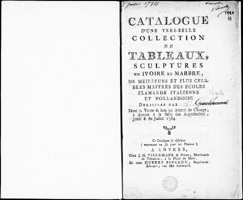 Catalogue d’une très belle collection de tableaux, sculptures en ivoire et marbre [...] : [vente du 8 juillet 1784]