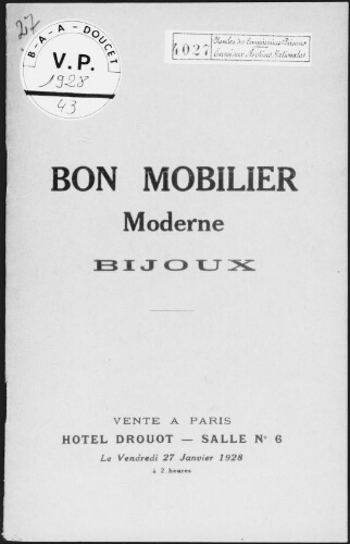 Bon mobilier moderne, bijoux : [vente du 27 janvier 1928]