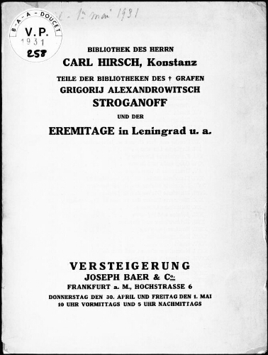Bibliothek des Herrn Carl Hirsch, Konstanz [...] : [vente des 30 avril et 1er mai 1931]