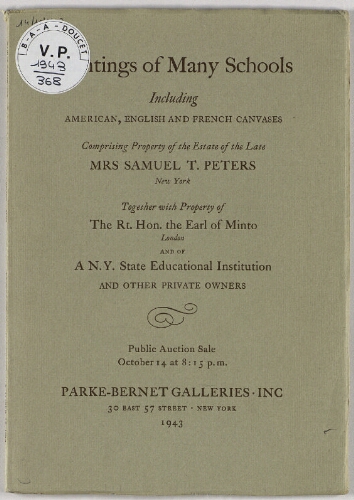 Paintings of many schools, including American, English and French canvases, comprising property of the estate of the late Mrs Samuel T. Peters [...] : [vente du 14 octobre 1943]
