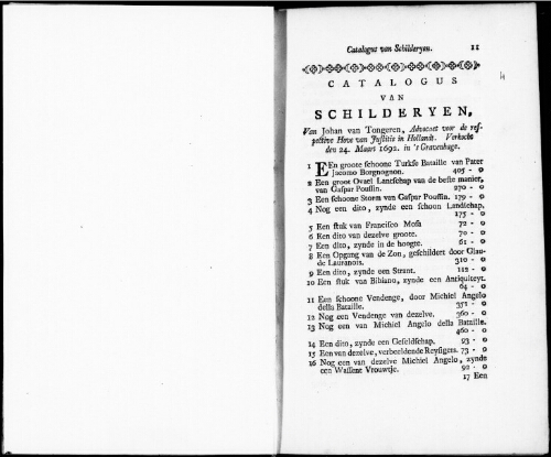 Catalogus van Schilderyen van Johan van Tongeren [...] : [vente du 24 mars 1692]