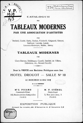 Catalogue des tableaux modernes par une association d'artistes [...] : [vente du 14 mai 1919]