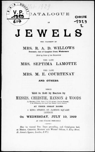 Catalogue of jewels, the property of Mrs. R. A. D. Willows [...] : [vente du 10 juillet 1929]