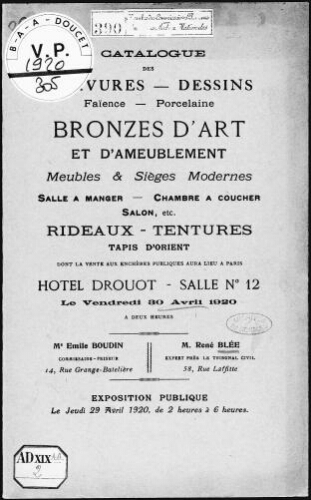 Catalogue des gravures, dessins, faïence, porcelaine, bronzes d'art et d'ameublement [...] : [vente du 30 avril 1920]