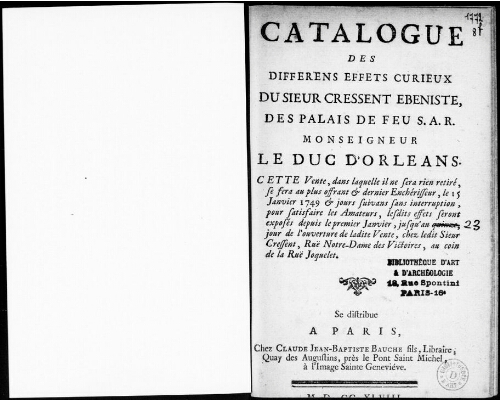 Catalogue de différents effets curieux du Sieur Cressent [...] : [vente du 15 janvier 1749]