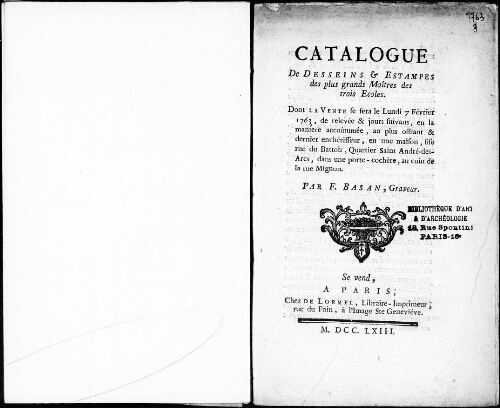 Catalogue de dessins et estampes des plus grands maîtres des trois écoles [...] : [vente du 7 février 1763]