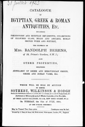 Catalogue of Egyptian, Greek and Roman antiquities, etc. [...] : [vente du 31 juillet 1923]