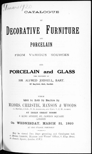 Catalogue of decorative furniture and porcelain from various sources [...] : [vente du 31 mars 1920]