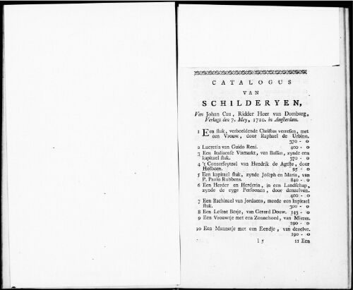 Catalogus van Schilderyen van Johan Cau [...] : [vente du 7 mai 1710]