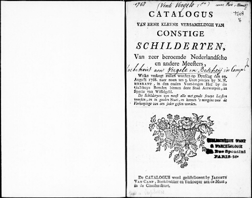 Catalogus van eene kleyne versamelinge van constige Schilderyen van zeer beroemde Nederlandsche en andere Meesters [...] : [vente du 23 août 1768]