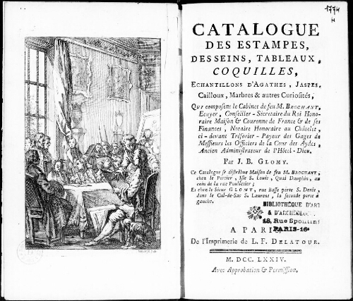 Catalogue des estampes, dessins, tableaux, coquilles, échantillons d'agathes, jaspes, cailloux, marbres et autres curiosités [...] : [vente du 7 mars 1774]