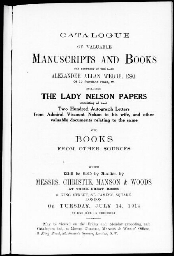 Catalogue of valuable manuscripts and books ; The Lady Nelson papers […] : [vente du 14 juillet 1914]