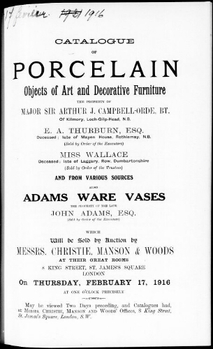 Catalogue of porcelain, objects of art and decorative furniture [...] : [vente du 17 février 1916]