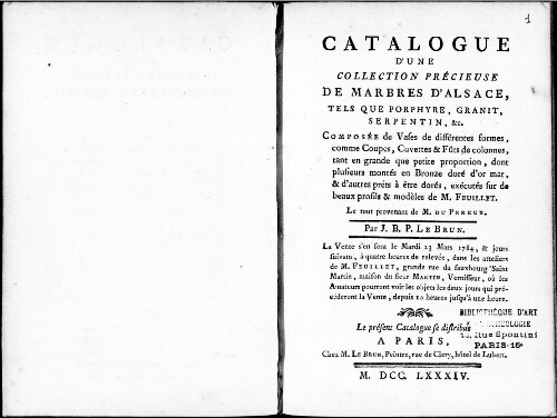 Catalogue d’une collection précieuse de marbres d’Alsace, tels que porphyre, granit, serpentin [...] : [vente du 23 mars 1784]