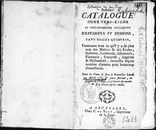 Catalogue d'une très-riche et très-nombreuse collection d'estampes et dessins  [...] : [vente du 15 avril 1765]