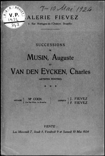 Successions de Musin, Auguste et Van den Eycken, Charles, artistes peintres : [vente du 7 au 10 mai 1924]
