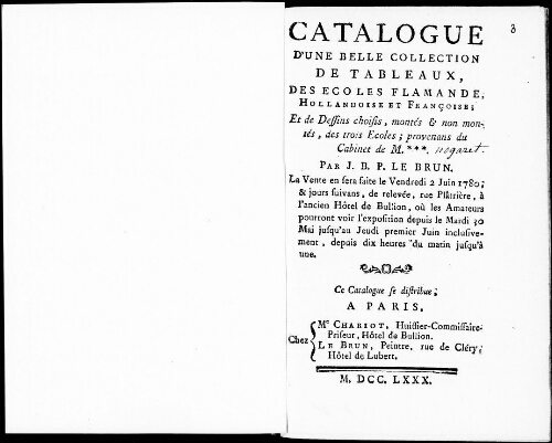 Catalogue d’une belle collection de tableaux, des écoles flamande, hollandaise et française [...] : [vente du 2 juin 1780]