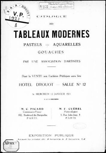 Tableaux modernes, pastels, aquarelles, gouaches, par une association d'artistes [...] : [vente du 12 janvier 1921]