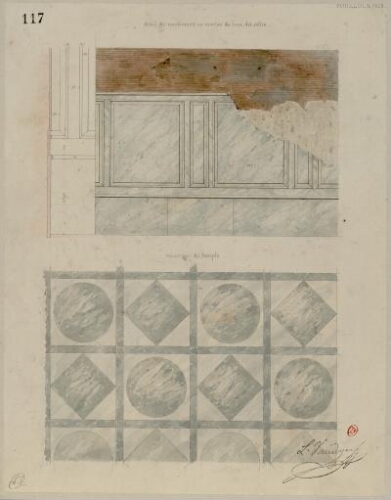 Pouzzole 1828, détail du revêtement en marbre de l'une des salles, mosaïque du temple