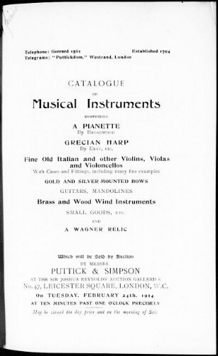 Catalogue of musical instruments [...] : [vente du 24 février 1914]