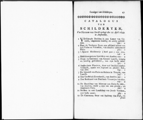 Catalogus van Schilderyen van Herman van Swoll [...] : [vente du 22 avril 1699]